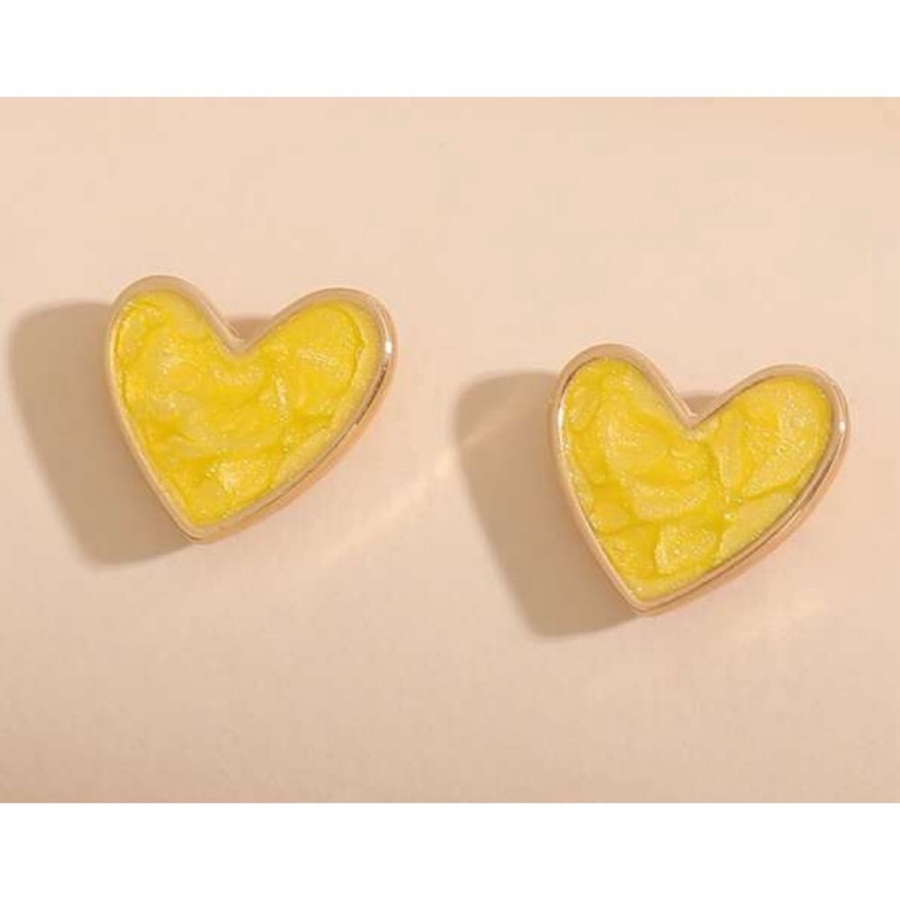 Small Yellow Enamel Heart Stud Earrings, New